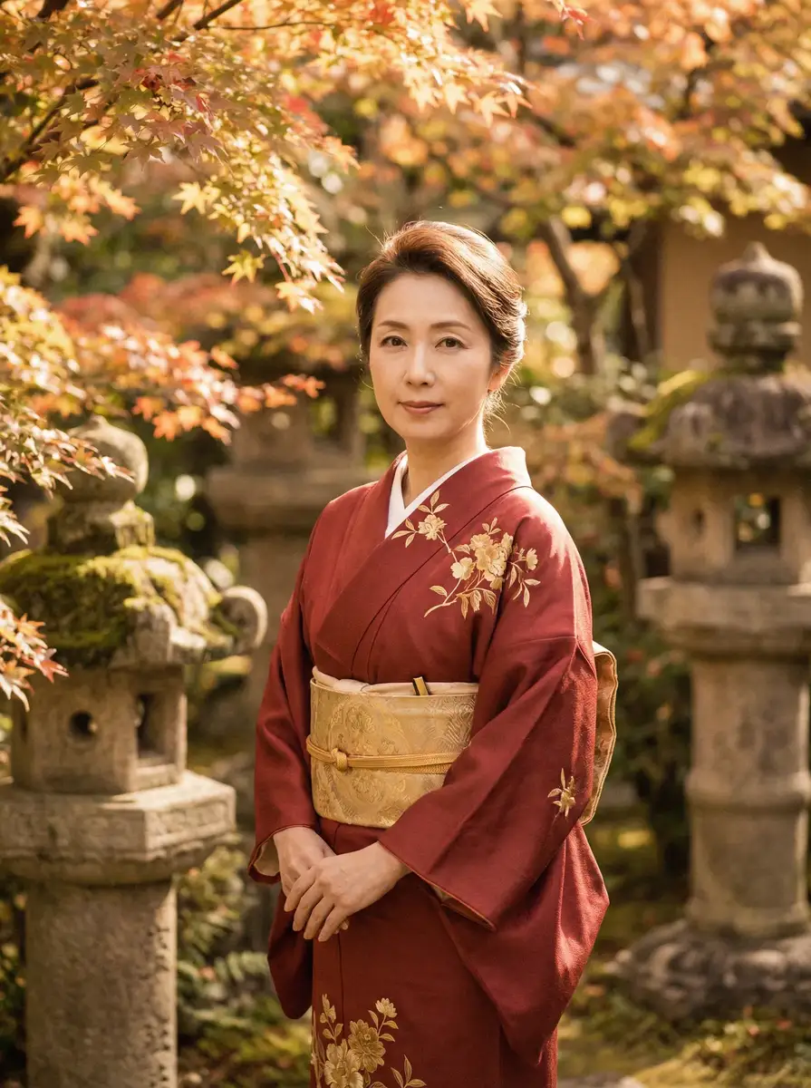 一位身穿暗红色和服的优雅 澳客网网站 在日式庭院中